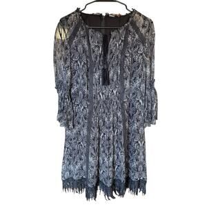 Elie Tahari Black Paisley Whimsigoth chiffon 100% silk Flowy dress Sz 14 Fringe